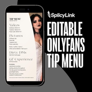 May include: A digital template for an OnlyFans tip menu displayed on a smartphone screen. The design features a white background with black text listing various content categories and prices, alongside a photograph of a person in a white lace dress.