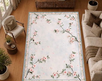 Cherry Blossom Botanical Area Rug, Pink Floral Light Blue Carpet, Serene Nature Decor for Bedroom, Washable Non Slip Floor Mat