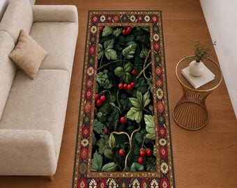 Strawberry Cottagecore Runner Rug, Dark Botanical Hallway Runner, Vintage Folk Floral Carpet, Cottage Entryway Home Decor
