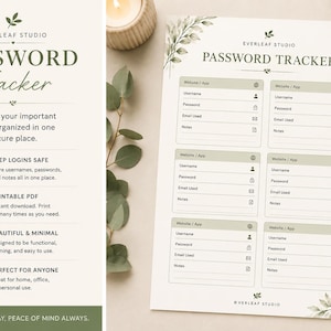 May include: A printable password tracker document featuring a cream background with green botanical leaf illustrations. The layout includes sections for website or app names, usernames, passwords, email addresses, and notes, with the text Password Tracker.