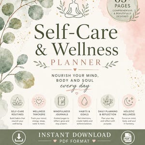 Può includere: Un planner digitale per il benessere e la cura di sé di oltre 65 pagine, decorato con foglie di eucalipto ad acquerello e accenti rosa. Il testo recita Self-Care & Wellness Planner, Nourish your mind, body and soul every day, Instant Download.