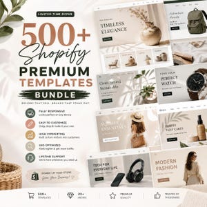 Può includere: Una grafica di marketing digitale per un pacchetto di oltre 500 modelli Shopify premium. Il testo recita 500+ Shopify Premium Templates Bundle, con varie anteprime di layout di siti web tra cui temi di moda, tecnologia e arredamento con icone.