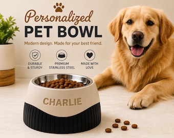 Personalized Modern Dog Bowl, Small Size | Stainless Steel Pet Feeder, 1 Cup, Raised Design