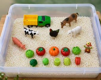 May include: A clear plastic bin filled with white rice, containing a green and yellow toy truck, a brown horse, a black and white cow, a black chicken, a white sheep, a scarecrow, and various miniature plastic vegetables including tomatoes and lettuce.