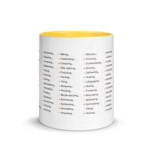 Claude Code Status Messages Mug | Funny AI Verbs Checklist | Yellow Rim Ceramic Coffee Mug | Programmer Gift
