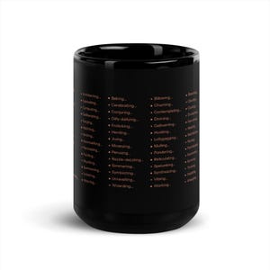 Claude Code Status Messages Mug | Funny AI Verbs Checklist | Black Glossy Ceramic Coffee Mug | Programmer Gift