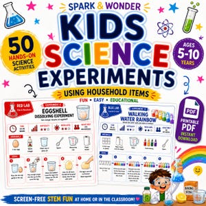 Può includere: Una guida educativa digitale intitolata Spark & Wonder Kids Science Experiments Using Household Items. Include due schede per esperimenti, Eggshell Dissolving e Walking Water Rainbow, con istruzioni passo dopo passo, icone e un cartone animato.