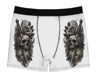 Cueca boxer com estampa de caveira, adaga e rosas.