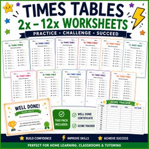 May include: A collection of educational times tables worksheets ranging from 2x to 12x, featuring a score tracker and a Well Done certificate. The pages include maths problems with blank lines for answers, decorated with stars and lightning bolt icons.