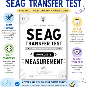 Op de afbeelding: Een wit oefenboek getiteld The Ultimate Practice Book for the SEAG Transfer Test, met Booklet 2 Measurement. De kaft bevat iconen van een gloeilamp, liniaal en wiskundige symbolen, met tekst over het opbouwen van vaardigheden en zelfvertrouwen.