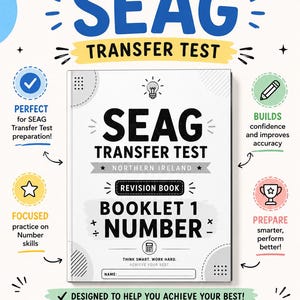 Könnte beinhalten: Ein weißer Lernleitfaden mit dem Titel SEAG TRANSFER TEST NORTHERN IRELAND REVISION BOOK BOOKLET 1 NUMBER. Das Cover zeigt ein Glühbirnensymbol, mathematische Zeichen und eine Namenszeile. Um das Buch herum sind Symbole abgebildet.