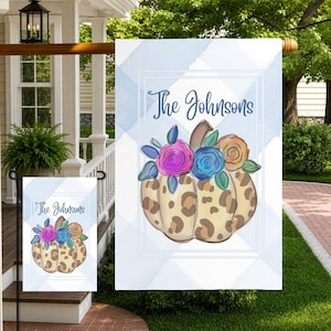 Custom Garden Flag Custom Family Name Monogram Welcome Display Autumn Outdoor Fall Yard Pumpkin Leopard Print Housewarming Gift