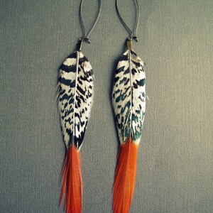 Boho Earrings - Long Feather Earrings - Black White Orange - Dangle Earrings - Long Earrings - Bohemian Earrings - Boho Jewelry