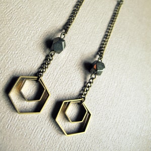 Geometric Hexagon Earrings, Brass Honeycomb Earrings, Pyrite Earrings, Long Chain Earrings, Shoulder Dusters