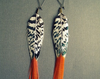 Boho Earrings - Long Feather Earrings - Black White Orange - Dangle Earrings - Long Earrings - Bohemian Earrings - Boho Jewelry