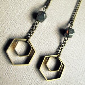 Geometric Hexagon Earrings, Brass Honeycomb Earrings, Pyrite Earrings, Long Chain Earrings, Shoulder Dusters