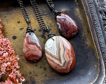 Laguna Agate Necklace, Small Red Stone Necklace, Natural Mexican Crazy Lace Agate Pendant, Witchy Boho Gemstone Jewelry w Gunmetal Chain