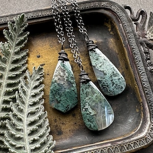 Green Moss Agate Necklace, Gothic Gemstone Pendant, Witchy Cottagecore Jewelry, Dark Academia Whimsigoth Fashion
