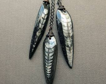 May include: Three necklaces featuring elongated, tapered pendants made from polished black and white orthoceras fossils. Each pendant is suspended from a dark metal chain, showcasing the distinct segmented, skeletal patterns of the ancient marine fossils.