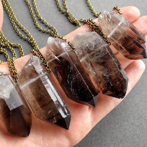 Large Smoky Quartz Necklace, Big Raw Crystal Point Pendant, Witchy Pagan Goth Statement Jewelry for Men or Women