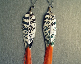 Long Feather Earrings, Black White and Orange Boho Dangle Earrings, Simple Bohemian Whimsigoth Jewelry
