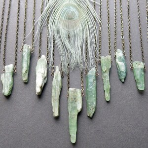 Raw Green Kyanite Necklace, Boho Crystal Pendant, Pagan Whimsigoth Fairycore Jewelry