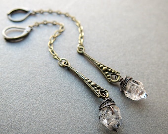 Herkimer Diamond Earrings, Raw Quartz Crystal Jewelry, Long Boho Dangle Earrings, Bohemian Whimsigoth Gift