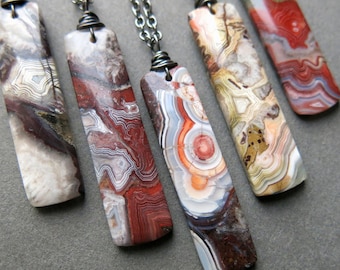 Crazy Lace Agate Necklace, Natural Stone Necklace, Gray Red Agate Pendant, Gemstone Necklace, Laguna Mexican Agate Jewelry, Stone Pendant