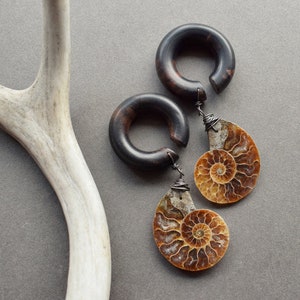 Ammonite Fossil Dangle Plugs, Organic Wood Hoop Gauges, Spiral Ear Weights, Real Natural Stone Plug Earrings