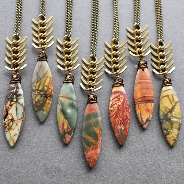 Picasso Jasper Necklace, Cherry Creek Jasper Pendant, Green Yellow Orange Red Stone Necklace, Long Boho Necklace, Bohemian Gemstone Jewelry