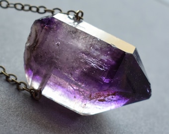 Rare Enhydro Amethyst Necklace - Witchy Raw Crystal Pendant - Enhydro Quartz Jewelry - Zambian Amethyst Crystal on Antique Brass Chain