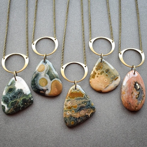 Ocean Jasper Necklace, Natural Orbicular Jasper Jewelry, Yellow Green Ocean Jasper Pendant, Boho Stone Necklace, Bohemian Gemstone Jewelry