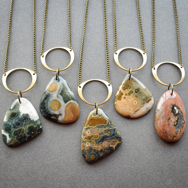 Ocean Jasper Necklace, Natural Orbicular Jasper Jewelry, Yellow Green Ocean Jasper Pendant, Boho Stone Necklace, Bohemian Gemstone Jewelry
