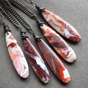 Crazy Lace Agate Necklace on Gunmetal Chain - Natural Red Pink Stone Pendant - Witchy Bohemian Boho Gemstone Jewelry