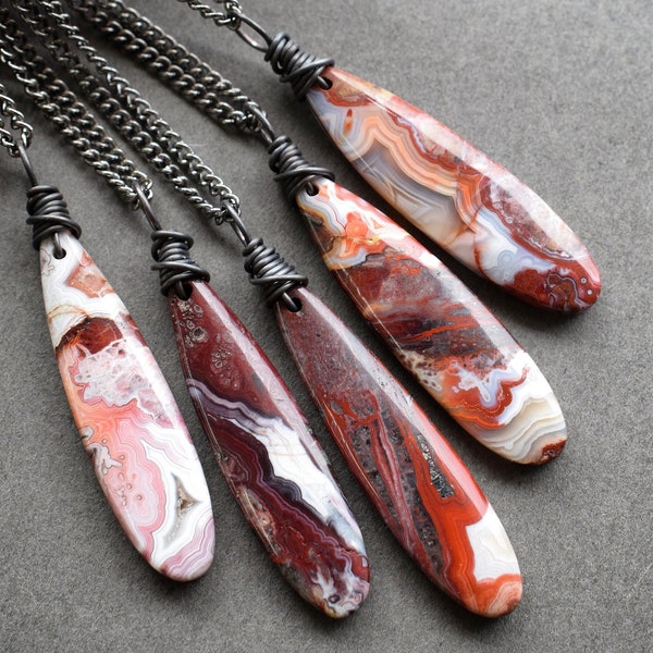 Crazy Lace Agate Necklace on Gunmetal Chain - Natural Red Pink Stone Pendant - Witchy Bohemian Boho Gemstone Jewelry