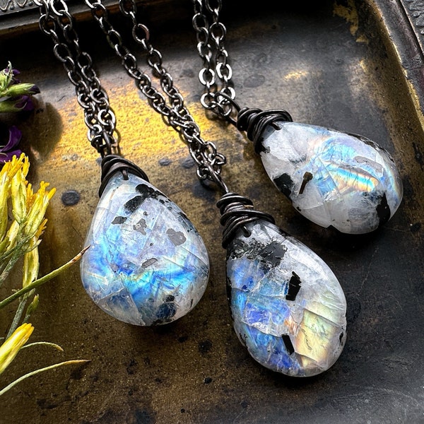 Rainbow Moonstone Necklace with Black Tourmaline, Natural Blue Stone Gemstone Pendant, Boho Fairycore Pagan Wiccan Witchy Whimsigoth Jewelry