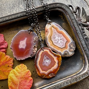 Botswana Agate Necklace, Natural Stone Pendant, Boho Witchy Gemstone Jewelry, Yellow Orange Pink Red Agate Slice on Gunmetal Silver Chain image 1