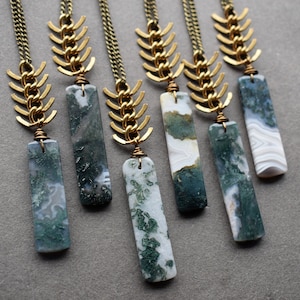 Moss Agate Necklace Long Stone Necklace Agate Stone Necklace Raw Stone Jewelry Green Stone Pendant Bohemian Pendant image 1