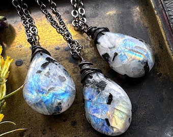 Rainbow Moonstone Necklace with Black Tourmaline, Natural Blue Stone Gemstone Pendant, Boho Fairycore Pagan Wiccan Witchy Whimsigoth Jewelry