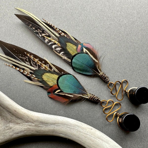 Jauges plumes, Bouchons d'oreilles marron-vert sarcelle, 2 g 0 g 00 g 1/2 9/16 5/8 3/4 7/8 1 pouce Boucles d'oreilles en bois de Boho calibre pierre, tunnels de mariage