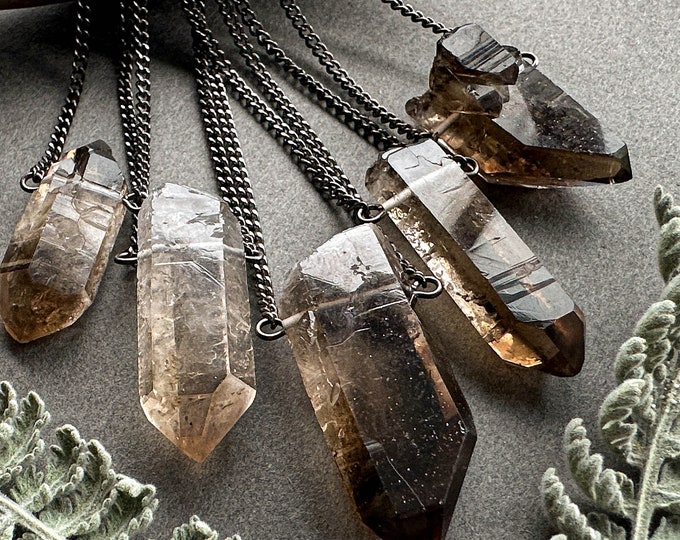 Smoky Quartz Necklace, Gothic Raw Crystal Point Pendant on Gunmetal, Witchy Alt Whimsigoth Gemstone Jewelry, Dark Academia Goth Style