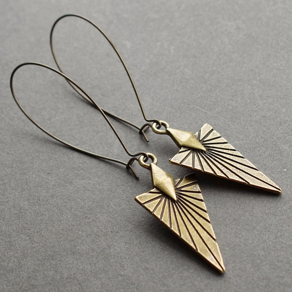 Sunburst Earrings - Brass Triangle Earrings - Arrow Dangle Earrings - Bohemian Festival Jewelry - Geometric Earrings Bronze Boho Earrings