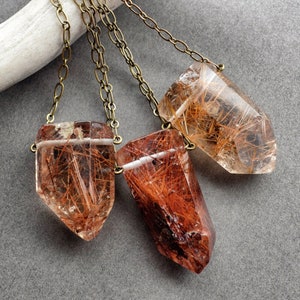 Rutilated Quartz Necklace- Rutile Quartz Pendant- Gemstone Crystal Necklace- Empath Protection Necklace- Red Gold Pagan Wiccan Witch Jewelry