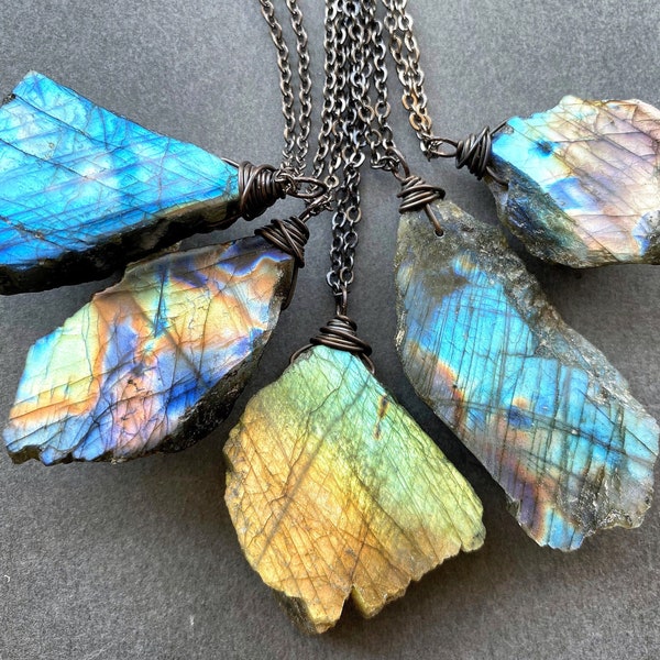 Raw Labradorite Necklace - Large Blue Stone Necklace - Boho Pagan Wiccan Witch Jewelry - Big Gemstone Pendant - Empath Protection Necklace