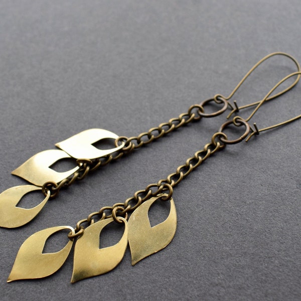 Brass Leaf Earrings - Long Brass Earrings - Big Earrings - Long Dangle Earrings - Simple Drop Earrings - Bohemian Dangle Earrings