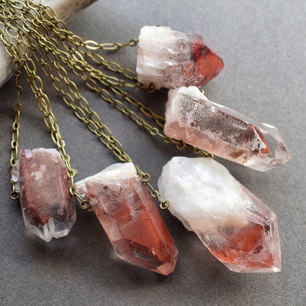 Sunset Phantom Quartz Necklace, Blood Red Hematite Hematoid Quartz Pendant, Raw Crystal Necklace, Witchy Boho Rare Natural Crystal Jewelry