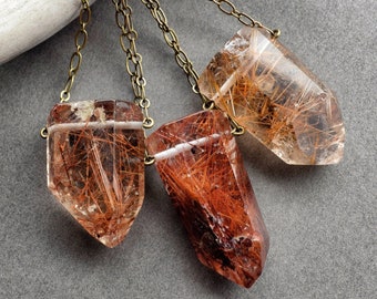 Rutilated Quartz Necklace- Rutile Quartz Pendant- Gemstone Crystal Necklace- Empath Protection Necklace- Red Gold Pagan Wiccan Witch Jewelry