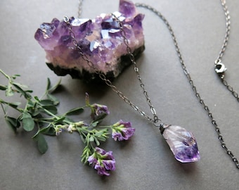Raw Amethyst Necklace - February Birthstone Necklace - Raw Crystal Necklace - Raw Amethyst Pendant - Raw Gemstone Necklace - Quartz Necklace
