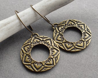 Lotus Flower Earrings - Bronze Hoop Earrings - Bohemian Brass Earrings - Boho Earrings - Festival Jewelry - Brass Hoops - Lotus Earrings