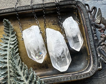 White Phantom Quartz Necklace, Raw Crystal Necklace, Clear Ghost Quartz Pendant, Boho Wiccan Goth Jewelry, Whimsigoth Witch Aesthetic